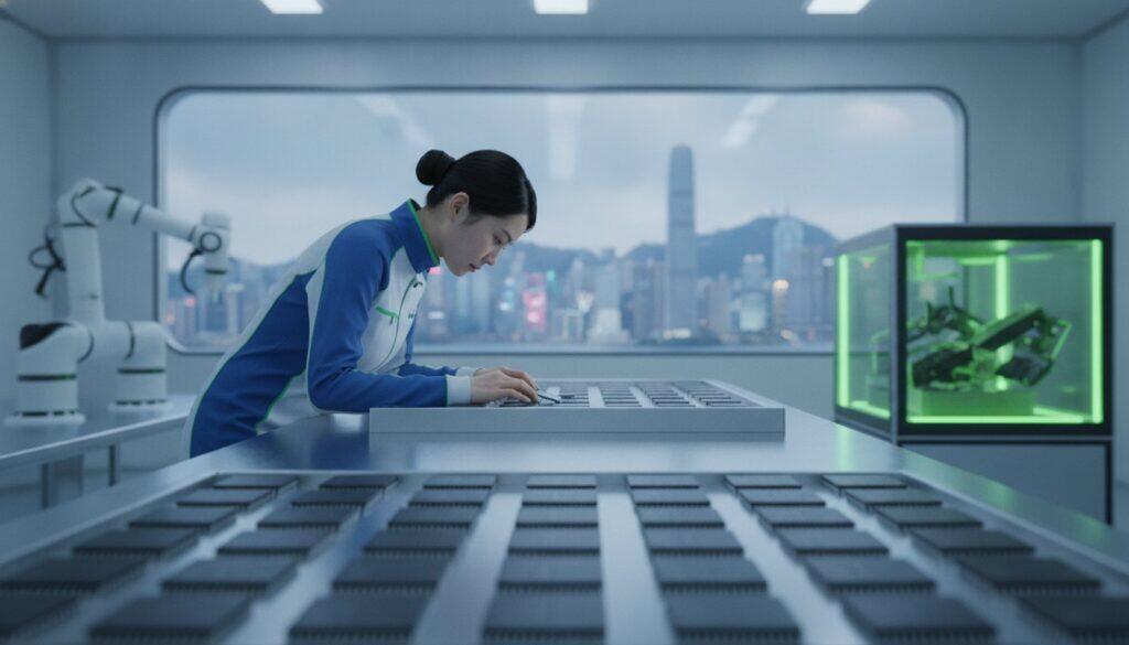 Female scientist in a blue-and-white lab coat types at a console in a futuristic lab with robotic arms and a glowing green cabinet behind her and a city view in the window.